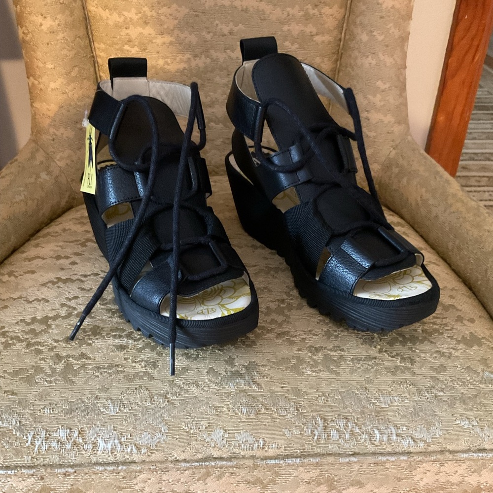 FLY London Black Strappy Wedges NWT